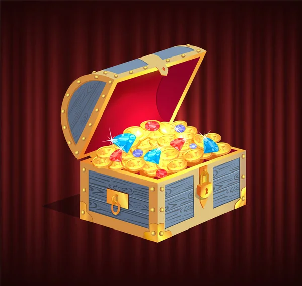 Коробка с драгоценными камнями, бриллиантами и монетами — стоковый вектор