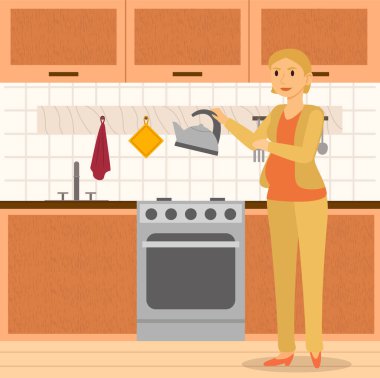 Hamile Kadın Mutfakta Yemek Yapıyor, Ev İçi