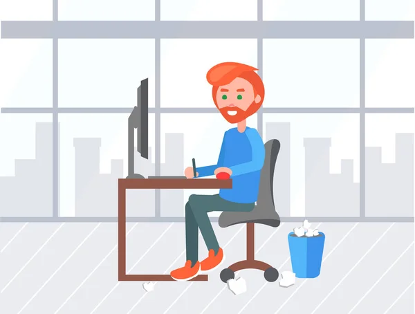 Freelancer Working on Laptop, Office Worker Job — Stock Vector