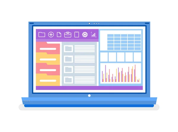オープンウェブサイト、グラフィックとフォルダ付きのラップトップ — ストックベクタ