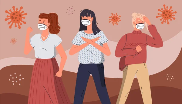 Groep vrouwen draagt gezicht medische maskers onder vliegende virus pathogeen, wereldepidemie — Stockvector