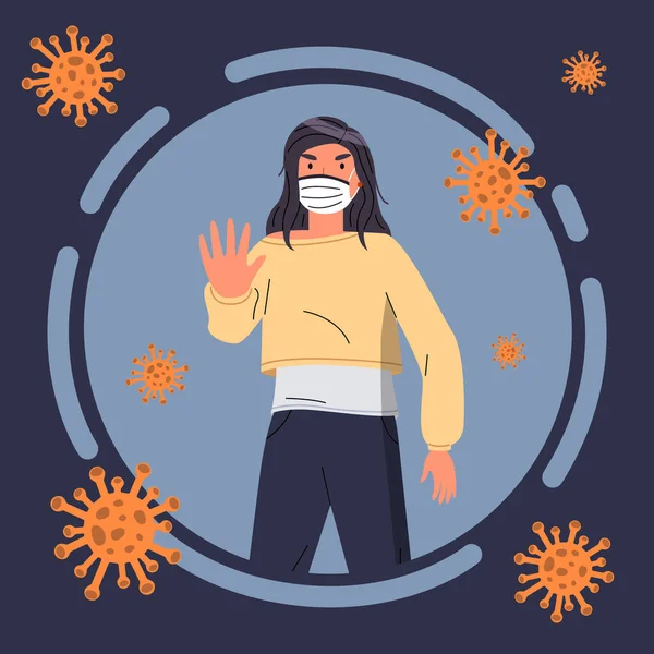 Kreskówkowy awatar kobiety noszącej maskę medyczną wśród patogenu latającego wirusa, koncepcja pandemii światowej — Wektor stockowy