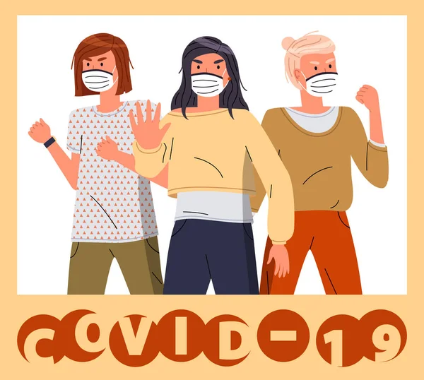 Group of women show stop gesture to covid-19, wearing respiratory masks, world virus pandemic Stock Illustration