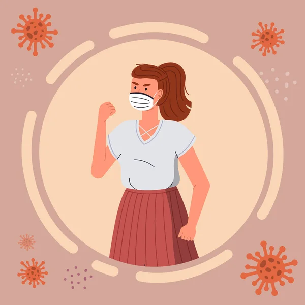 Avatar de mulher jovem usando máscara protetora facial, patógeno de vírus voador ao redor, ícone para o site — Vetor de Stock