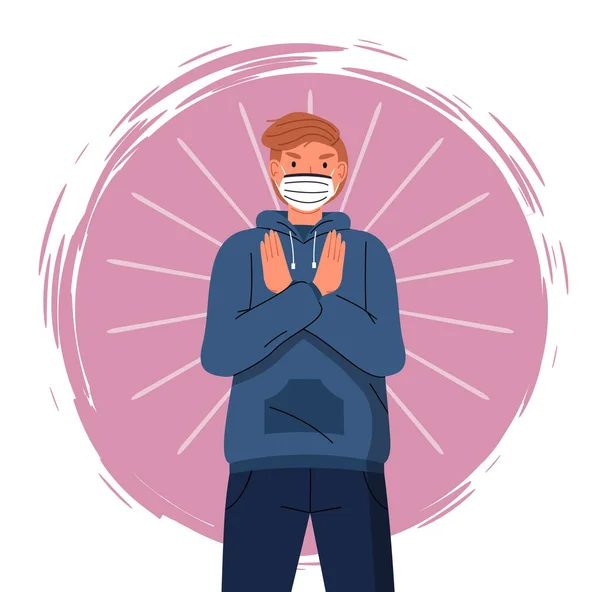 Ritratto del personaggio dei cartoni animati vettoriali in faccia maschera medica mostra gesto di arresto alla pandemia mondiale — Vettoriale Stock