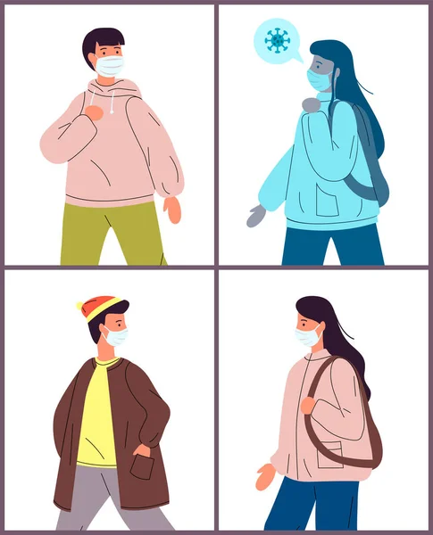 Illustrationen mit jungen gesunden Menschen, Trägervirus in medizinischen Masken, Virenpandemie — Stockvektor