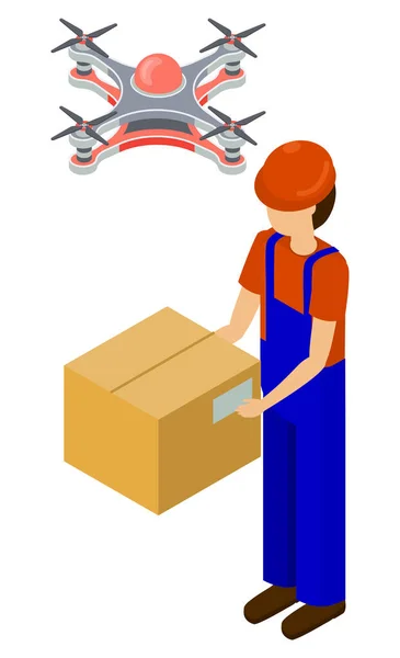 Drone and Box, Aerial Delivery, Quadcopter Vector — 스톡 벡터