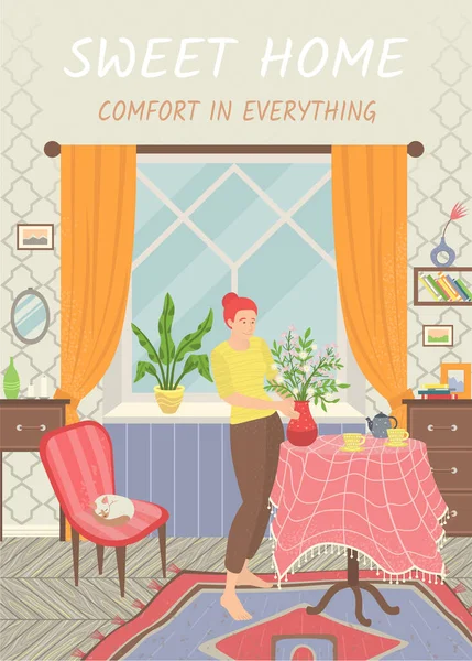 Sweet Home Woman in House with Houseplant Vector — Διανυσματικό Αρχείο