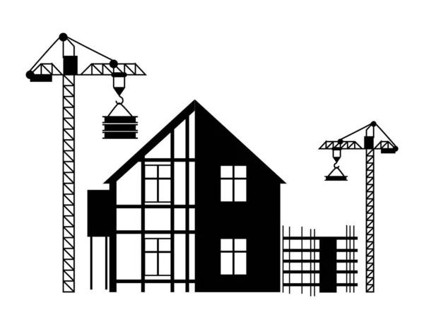 Construcción de un edificio nuevo, grúas monocromáticas — Archivo Imágenes Vectoriales