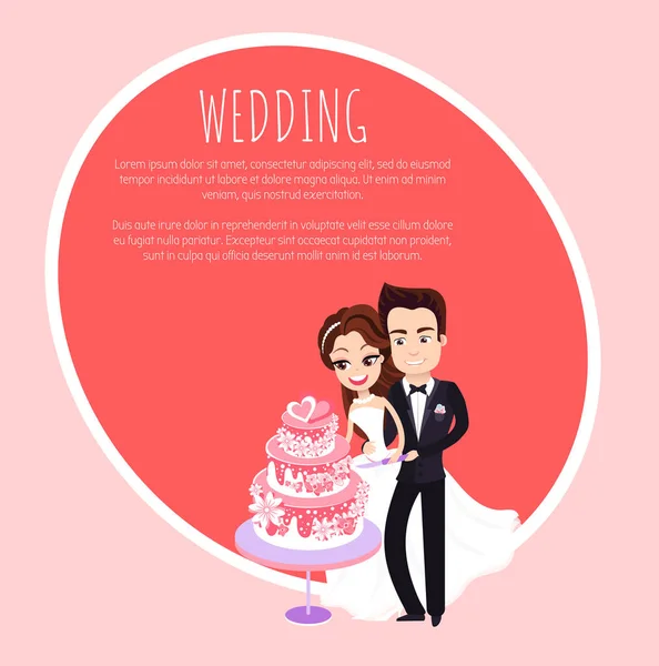 Couple Cutting Wedding Cake Together, Card Vector — Stock Vector