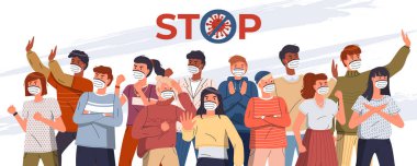 Tıbbi maskeli karikatür karakterlerini protesto eden pankart, virüs yaymayı kes, dünya salgını
