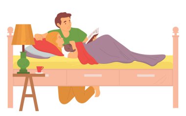 Baba, Kızıyla Yatak Vektöründe Kitap Okuyor