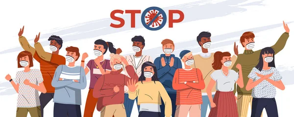 의료 마스크를 쓰고 시위하는 만화 캐릭터를 가진 배너, 바이러스 확산을 멈추고, 세계적 유행병 — 스톡 벡터