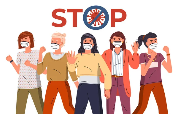Grupo de mulheres protestando contra o vírus, parar sinal riscado, conceito de espalhar coronavírus —  Vetores de Stock