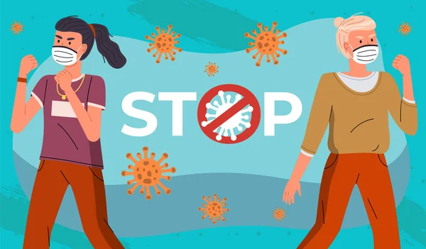 Women wearing medical masks call to fight virus, stop sign against coronavirus spreading, epidemic Stock Vector