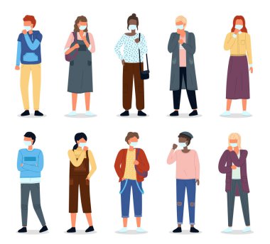 Yüz maskesi ve viral pandemia takan çok uluslu kadınların yatay vektör çizimi