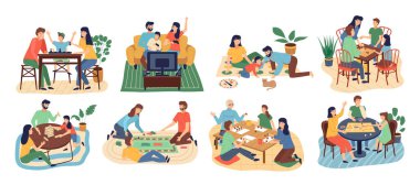 Masa oyunları aile takımı. Evde kal. Çocuklu aileler masada oturuyor ve masa üstü oyunları oynuyorlar.