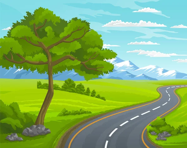 Route vers la montagne. Paysage avec route asphaltée passant par la forêt et prairie aux montagnes — Image vectorielle