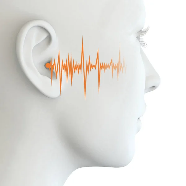 Menselijk oor van een vrouw met geluidsgolf, tinnitus, medisch 3d illu — Stockfoto