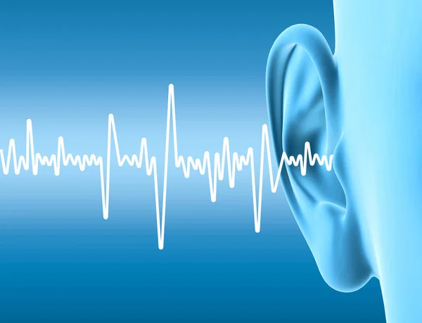 Mänskligt öra med ljudvåg, tinnitus, medicinskt 3D-illustration, — Stockfoto