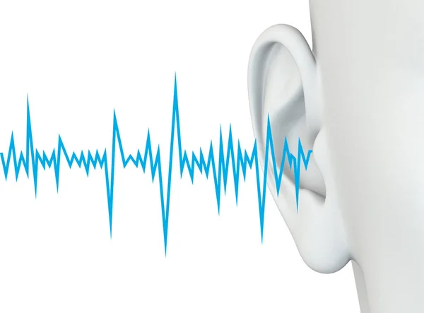 Mänskligt öra med blå ljudvåg, tinnitus, medicinskt 3d illustrat — Stockfoto