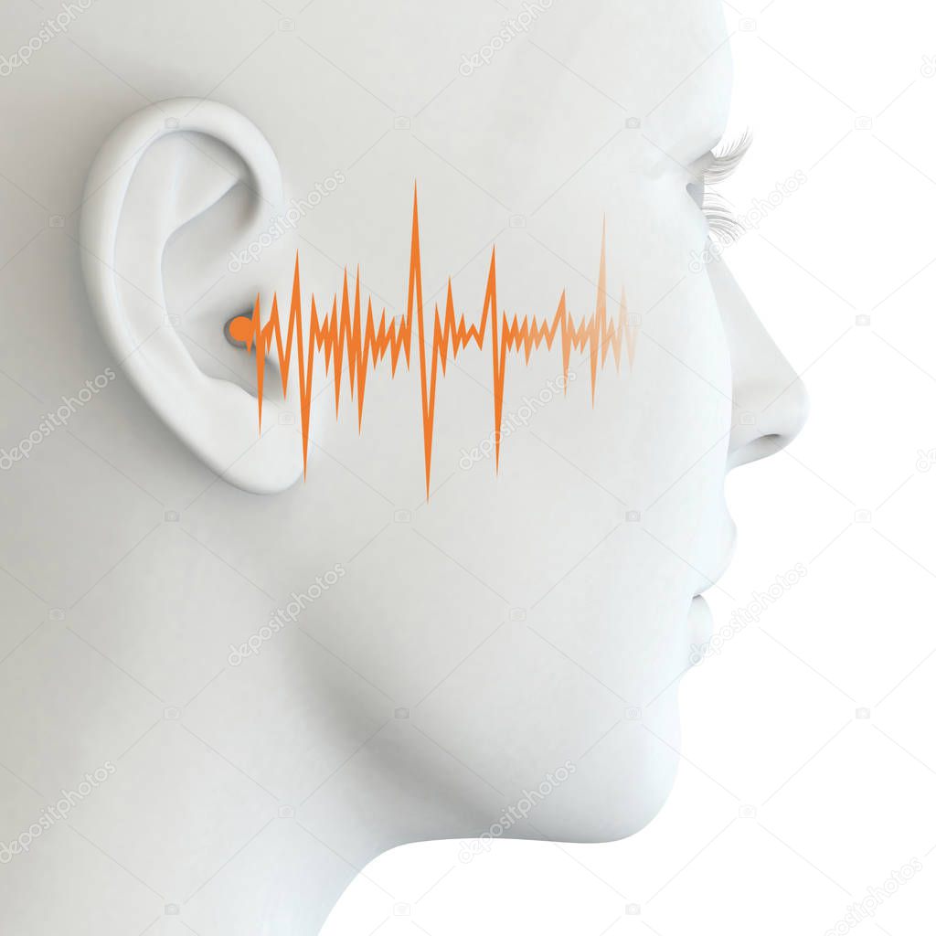 Human ear of a woman with soundwave, tinnitus, medically 3D illu