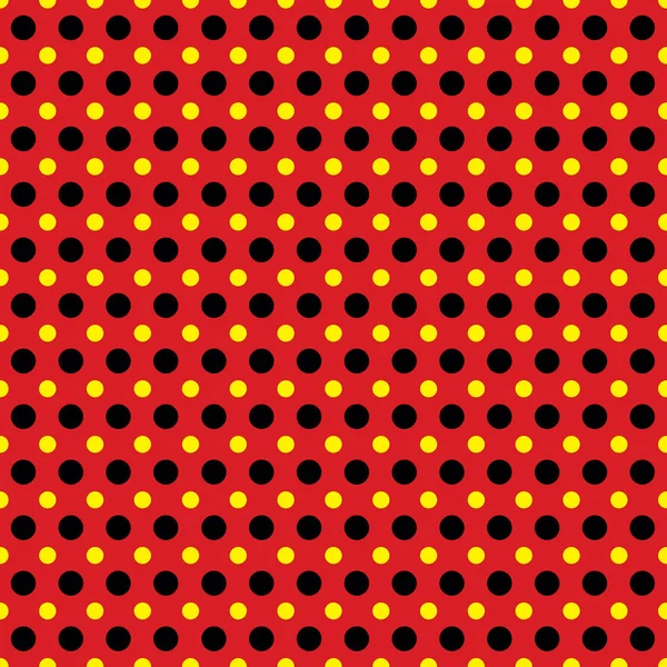 Nahtloser gelber, roter und schwarzer Tupfenmuster-Textur Hintergrund — Stockvektor