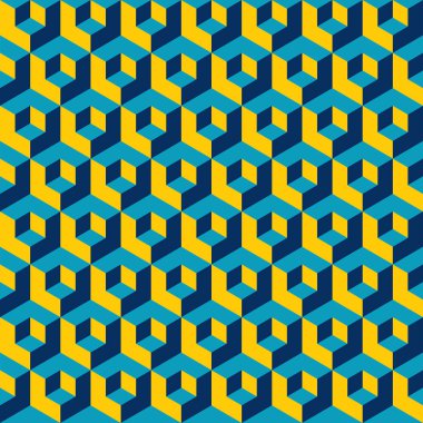 Sorunsuz soyut geometrik küpleri optik illüzyon desen doku. Mavi ve sarı desen.