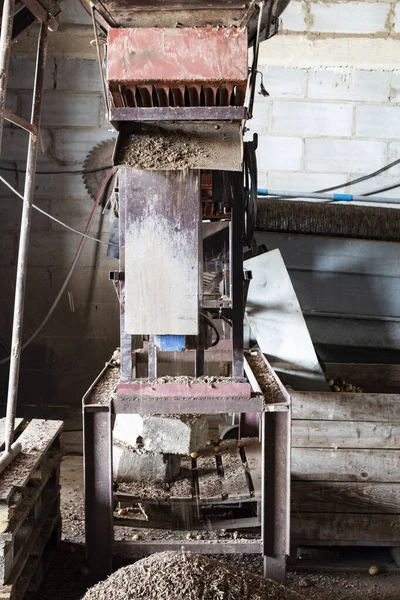 Caricamento delle patate dallo smistatore di patate in una scatola di legno. Raccolta delle patate in un'azienda agricola . — Foto Stock