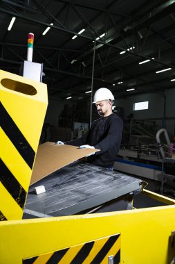 İşçi bir yumruk makinesiyle karton keser. Kağıt kesme makinesi. 