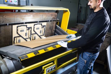 Yumruk makinesi üzerinde çalışıyorum. Karton kasklı bir fabrikada çalışan bir işçi bir karton kutuyu bir kağıda yerleştirip kesme makinesinde ölür..