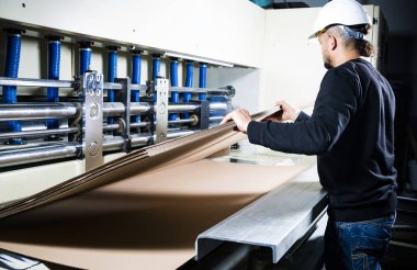 Karton kutu üretimi. Elinde kartonlar tutan kasklı bir işçi..