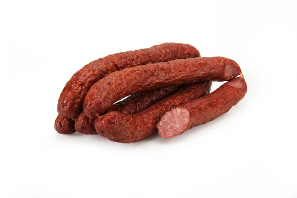 Trockenwurst auf weißem Hintergrund. Lebensmittel. — Stockfoto