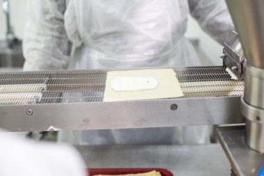 Gıda üretim hattı, bir gıda fabrikasında hazır yemek üretimi için bir makine..