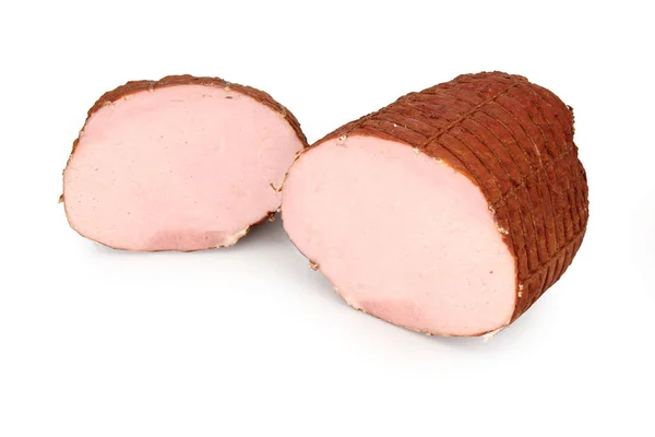 Smoked pork ham. Traditional sausage products white white background. — Stock Photo, Image