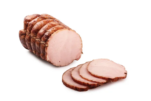 Jamón de cerdo ahumado en red de salchichas. Productos de salchicha tradicional blanco fondo . —  Fotos de Stock