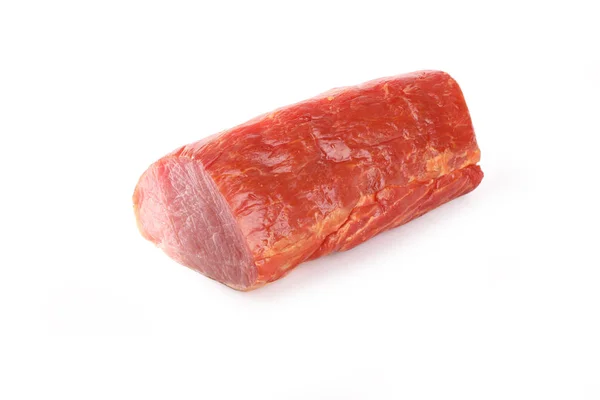 Raw smoked pork tenderloin.Traditional sausage products white white background. — Stock Photo, Image