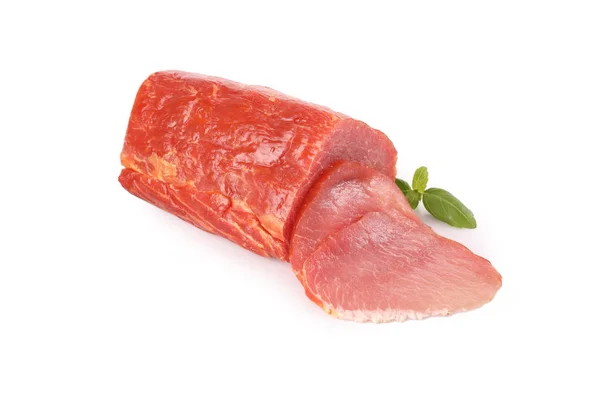 Raw smoked pork tenderloin.Traditional sausage products white white background. — Stock Photo, Image