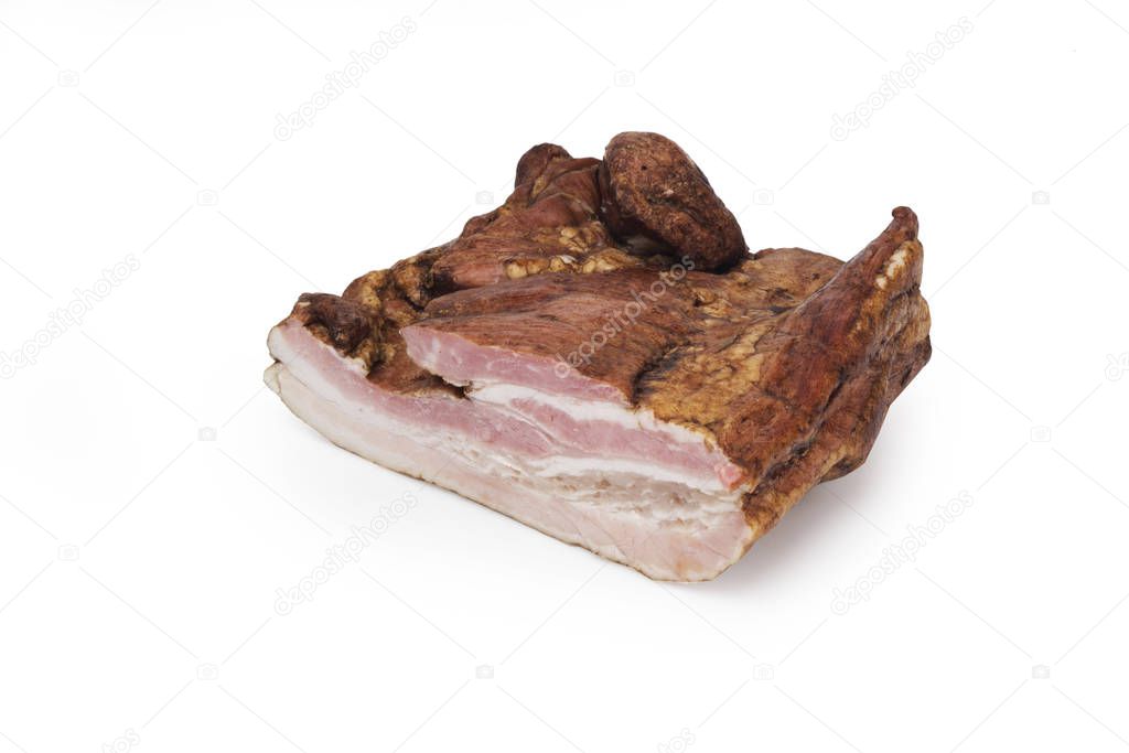 Smoked pork bacon on a white background. Food product.