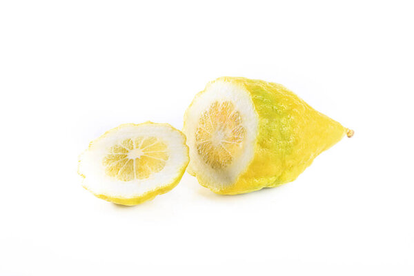 Ripe citron fruit cut into two parts isolated on a white background. Etrog - symbol of Jewish Sukkot festival.