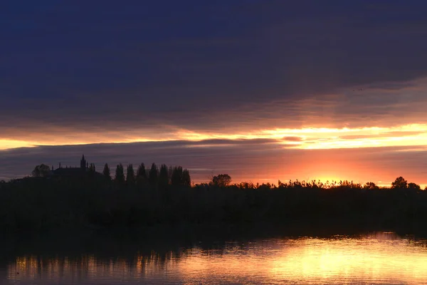 Coucher Soleil Dans Parc Régional Rivière Mincio Lombardie — Photo