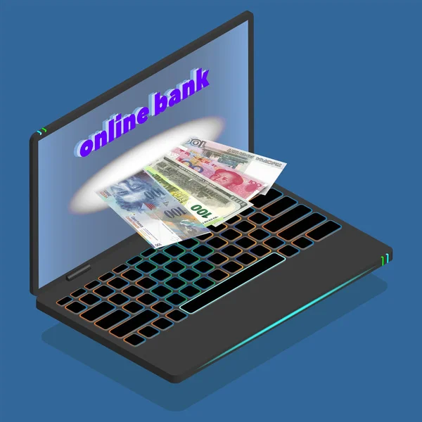 Illustration of 3D laptop, online bank with banknotes of different world currencies, 100 Swiss francs, 100 Euro EU, 100 US dollars, 100 yuan China and 1000 rubles Russia