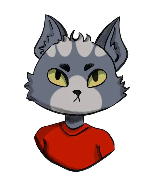 Gray cat, character. Dressed in a red sweater. Drawn by hand.