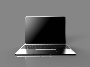 Laptop ile siyah ekran gri arka plan üzerinde 3d illüstrasyon izole render