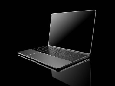 Laptop ile siyah ekran siyah arka plan üzerinde 3d illüstrasyon izole render