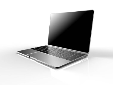 Laptop ile siyah ekran beyaz arka plan üzerinde 3d illüstrasyon izole render