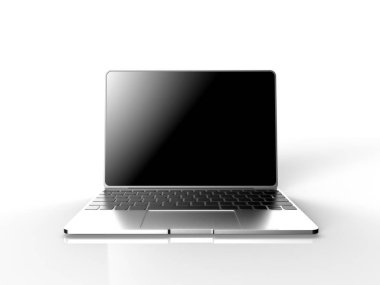 Laptop ile siyah ekran beyaz arka plan üzerinde 3d illüstrasyon izole render