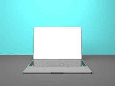Laptop beyaz ekran üzerinde mavi arka plan 3d illüstrasyon izole ile render