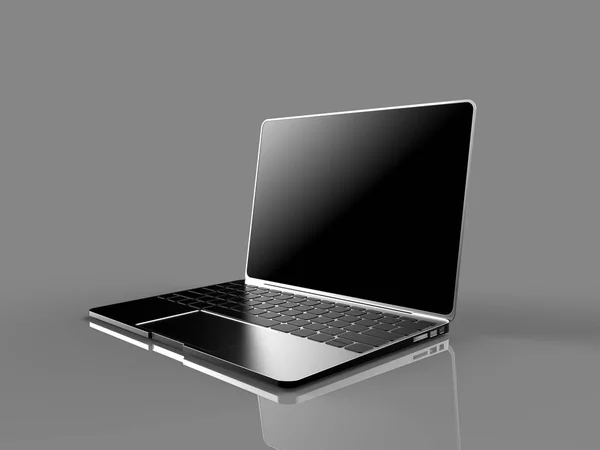 Laptop με μαύρη οθόνη που απομονώνονται σε γκρι φόντο 3d απεικόνιση καθιστούν — Φωτογραφία Αρχείου