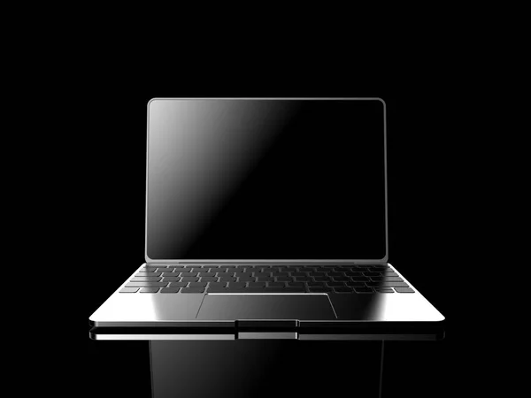 Notebook z ekranem czarny na białym na czarnym tle ilustracja 3d renderowania — Zdjęcie stockowe